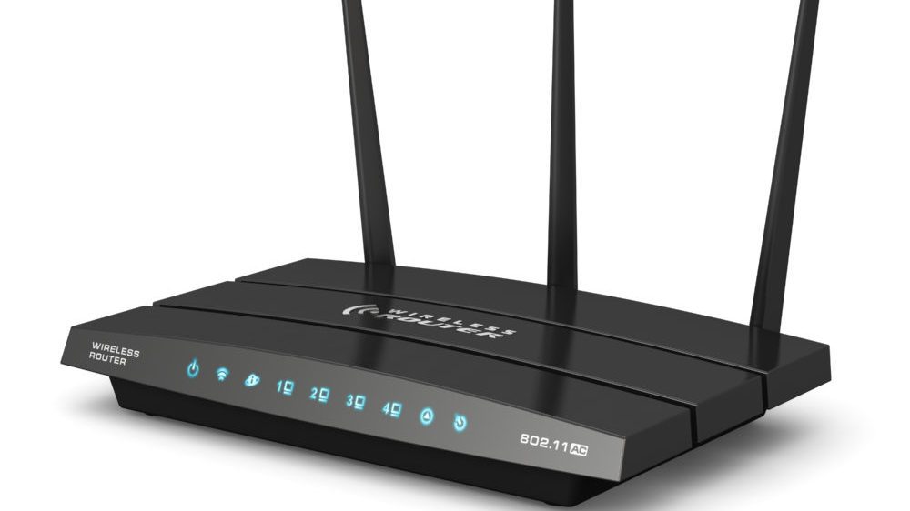 Creative abstract computer networking technology. A modern black broadband internet router switch modem isolated on white background.