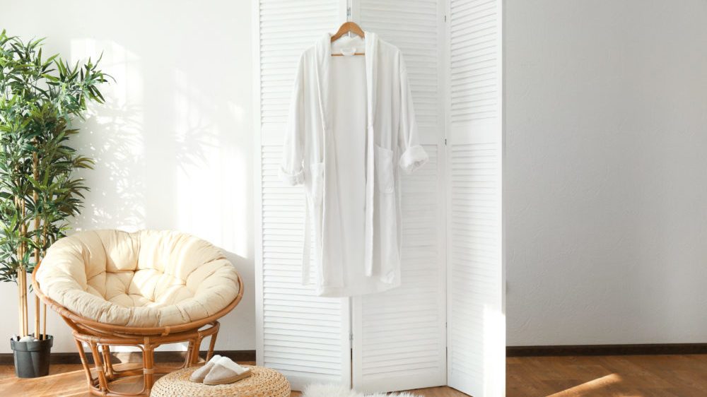 Light room interior with folding room dividers.