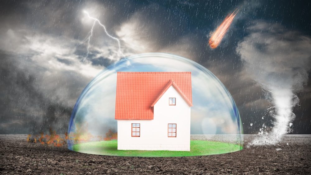 A safe room concept of protection with crystal sphere surrounding home.