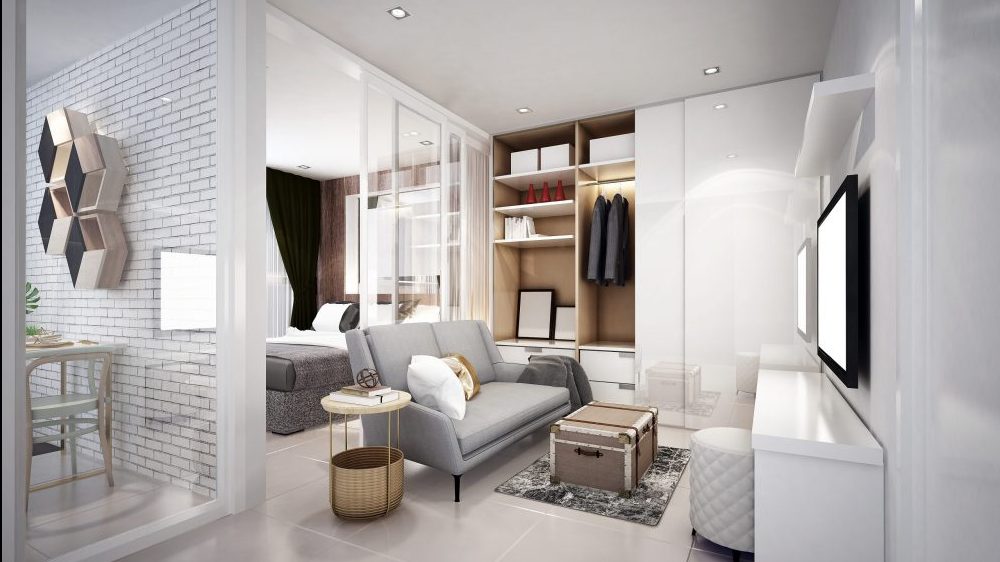 The modern micro unit living room and dining room.