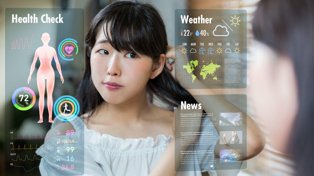 Smart mirror concept. Various information displayed on mirror screen to create space in the home.