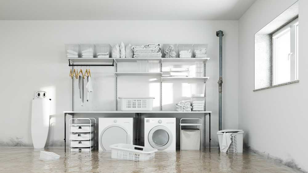 Photo of basement flood in the area of clothes washer and dryer.
